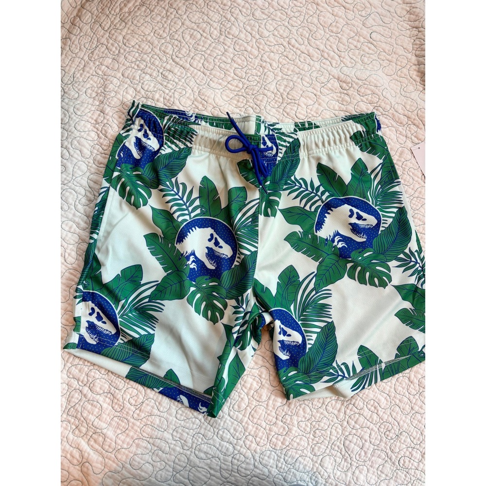 Jurassic‎ Park Mens Tropical T-Rex Skull Athletic Shorts White Green Size Medium